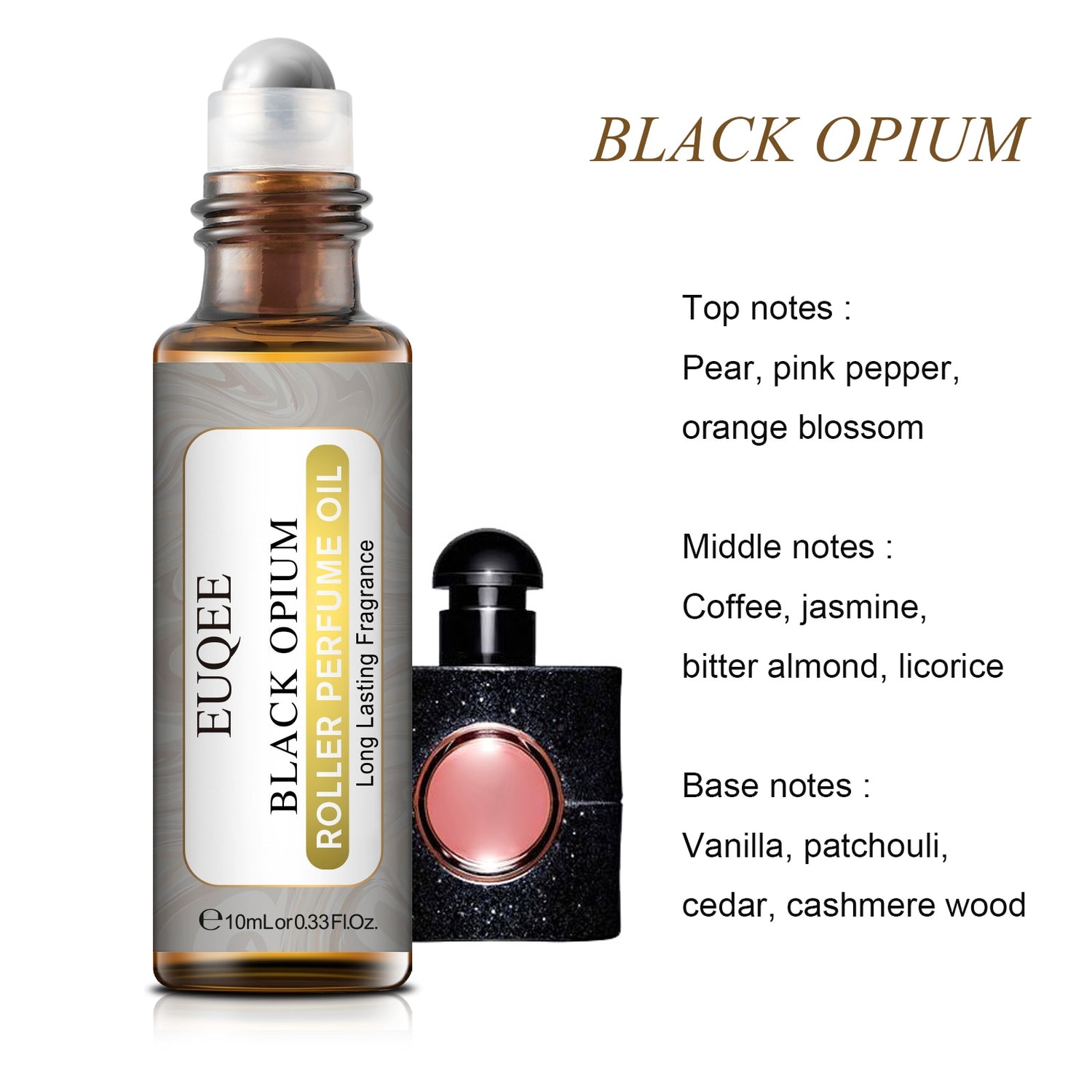 EUQEE Black Opium roller perfume oil with product details on a white background