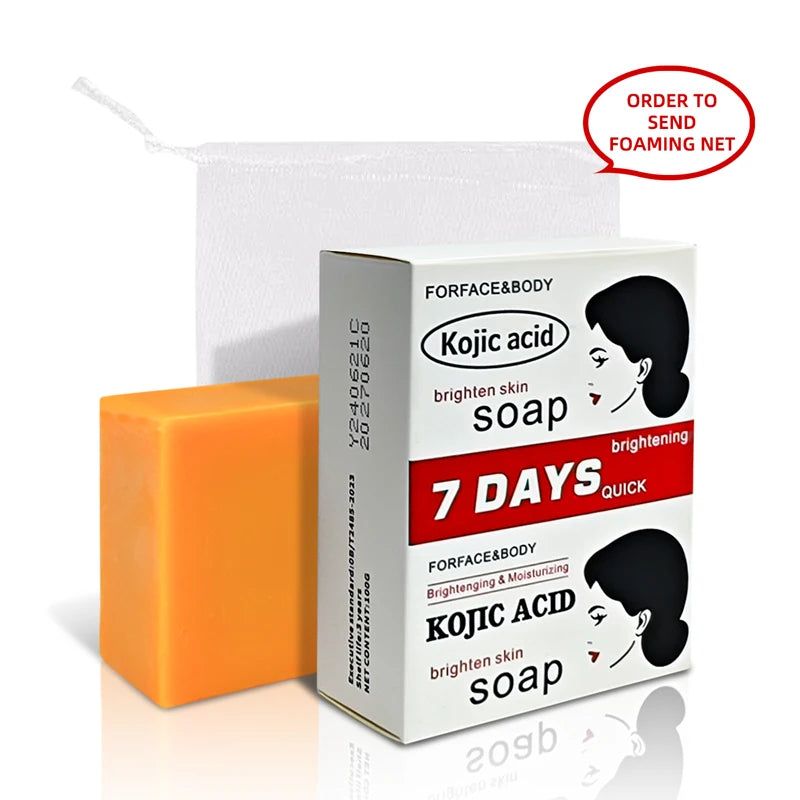 Kojic acid soap bar and packaging on a white background