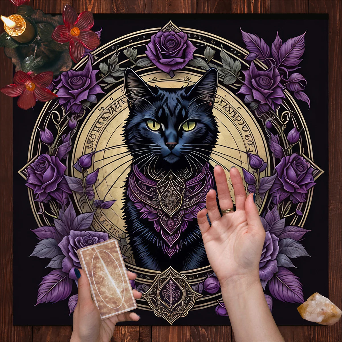 Black cat with purple roses and hands holding cards on a wooden surface