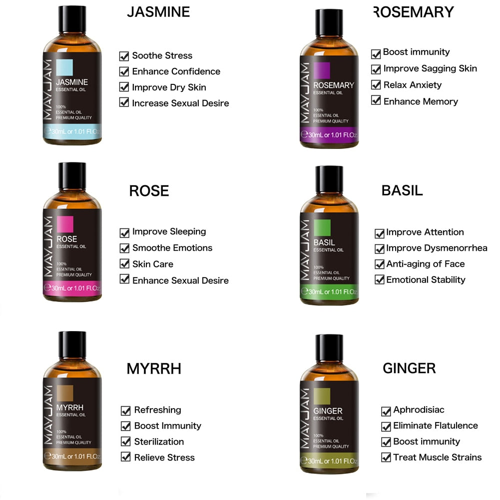 Collection of MayJam essential oil bottles with their respective benefits on a white background