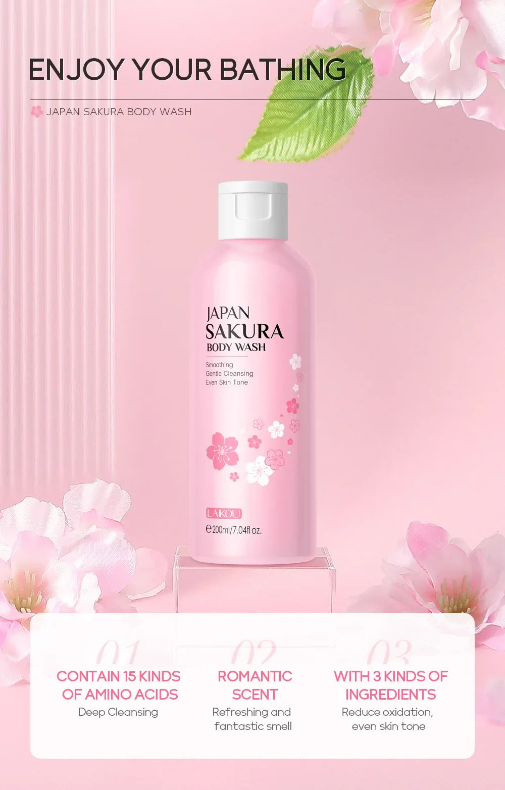 Sakura body wash bottle with cherry blossoms on a pink background