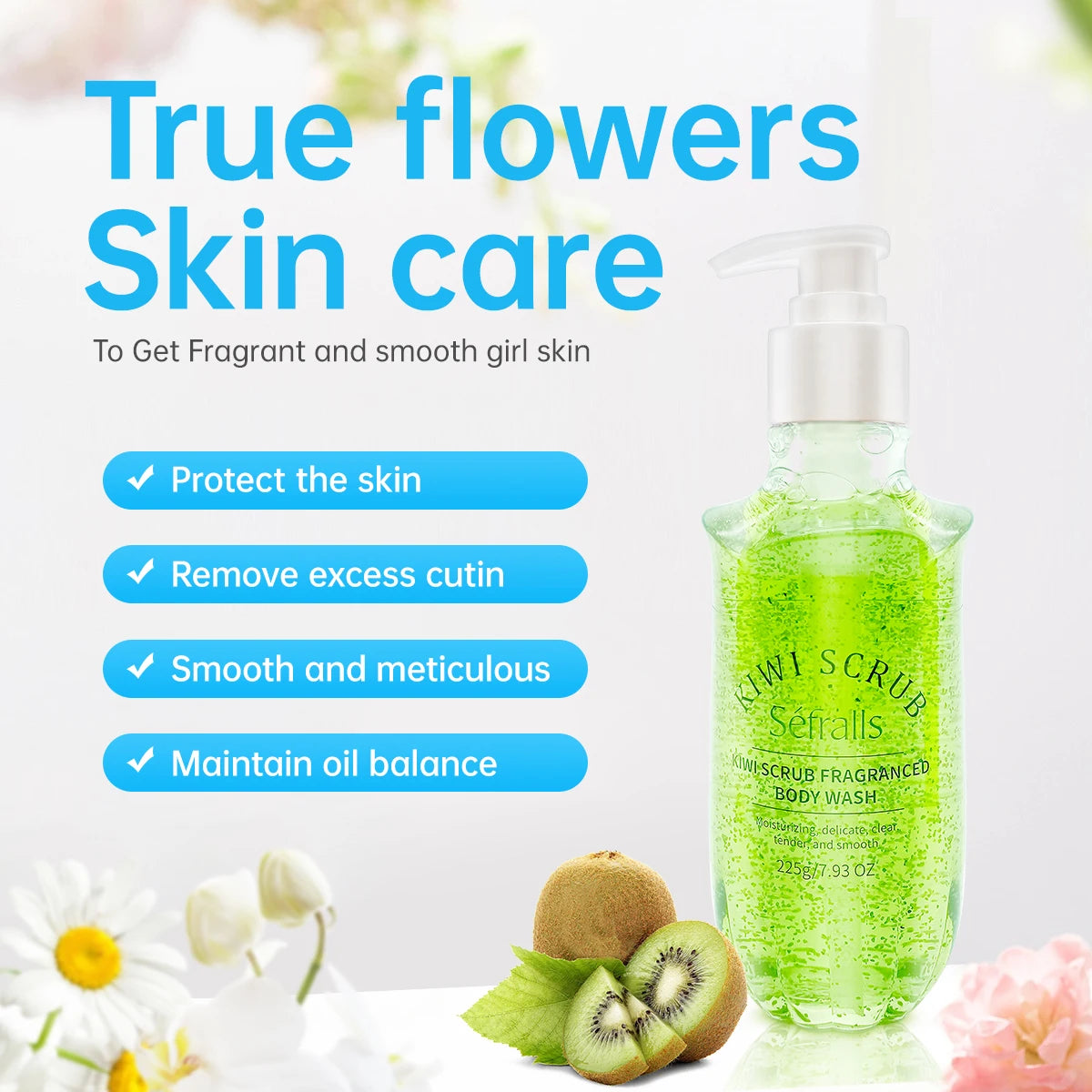 Green bottle of body wash with kiwi and flowers on a white background, featuring text about skin care benefits.