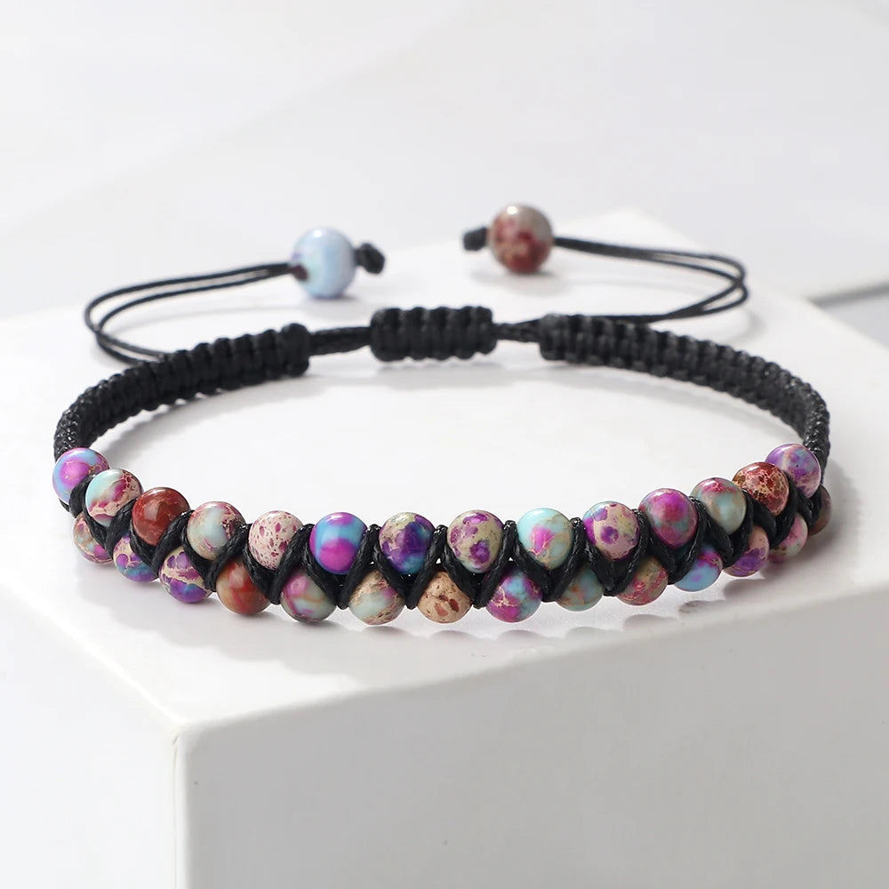 Multicolored beaded bracelet on a white surface