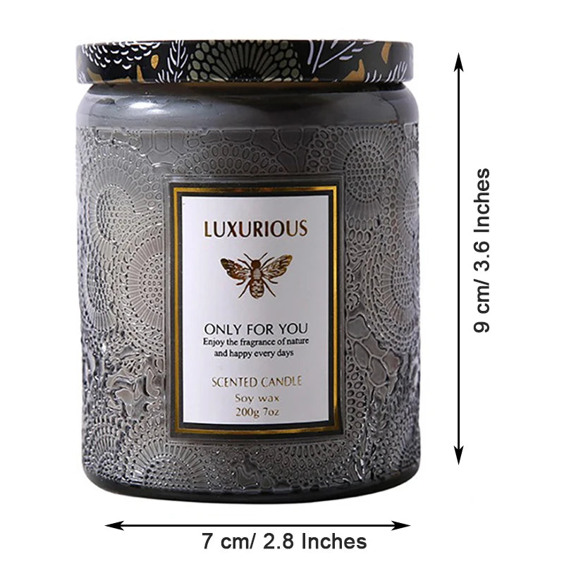 Scented candle with decorative label and measurements on a white background