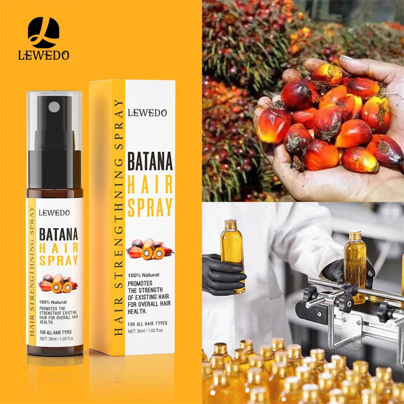 LEWEDO Batana Hair Spray with packaging and images of palm oil and production process.