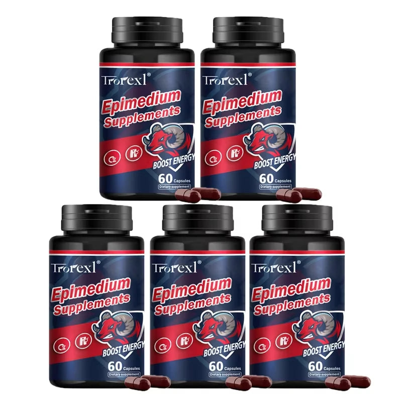 Five bottles of Torexl Epimedium Supplements on a white background