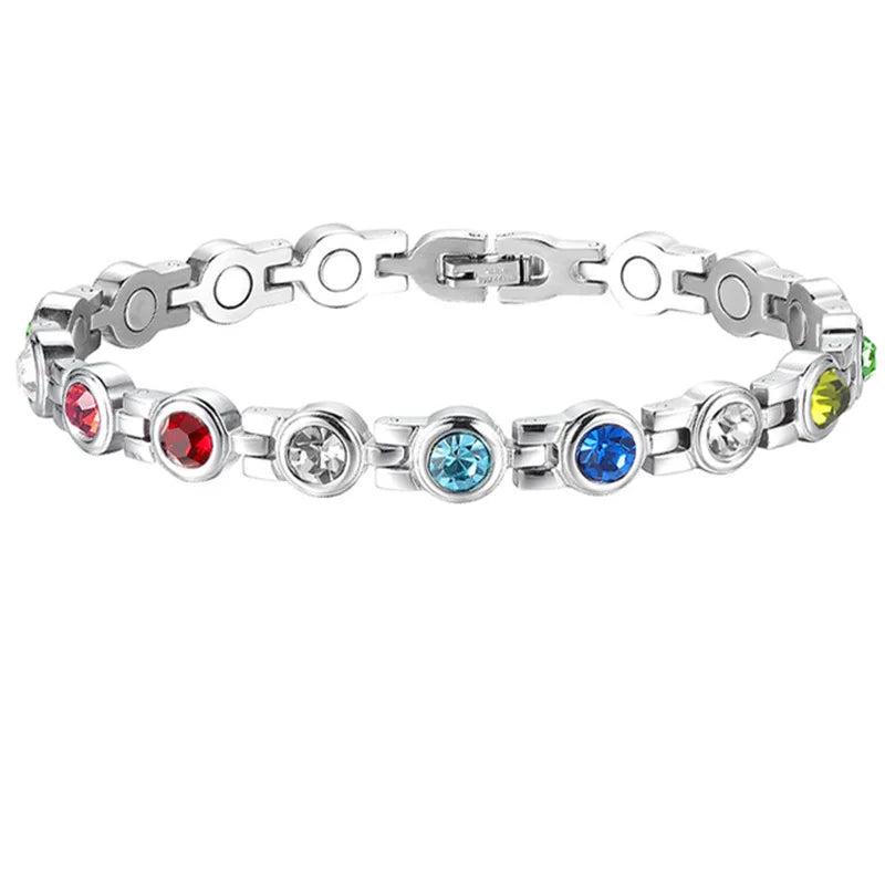 Silver bracelet with colorful gemstones on a white background