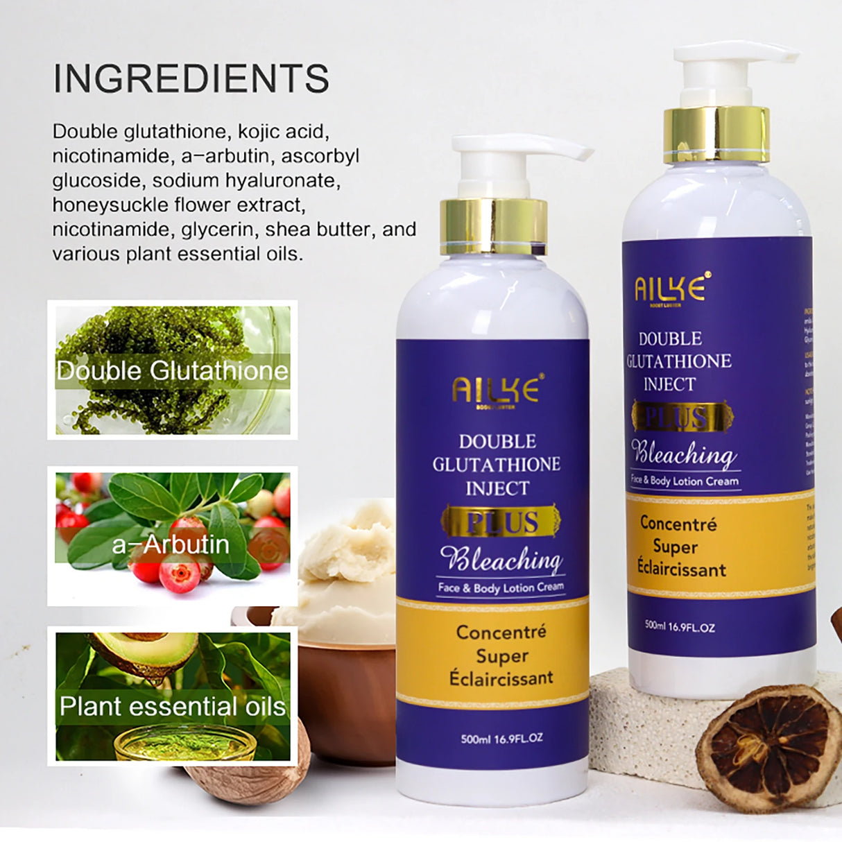 Two bottles of ALKE Double Glutathione Inject Plus Bleaching Lotion with ingredients listed on a white background.