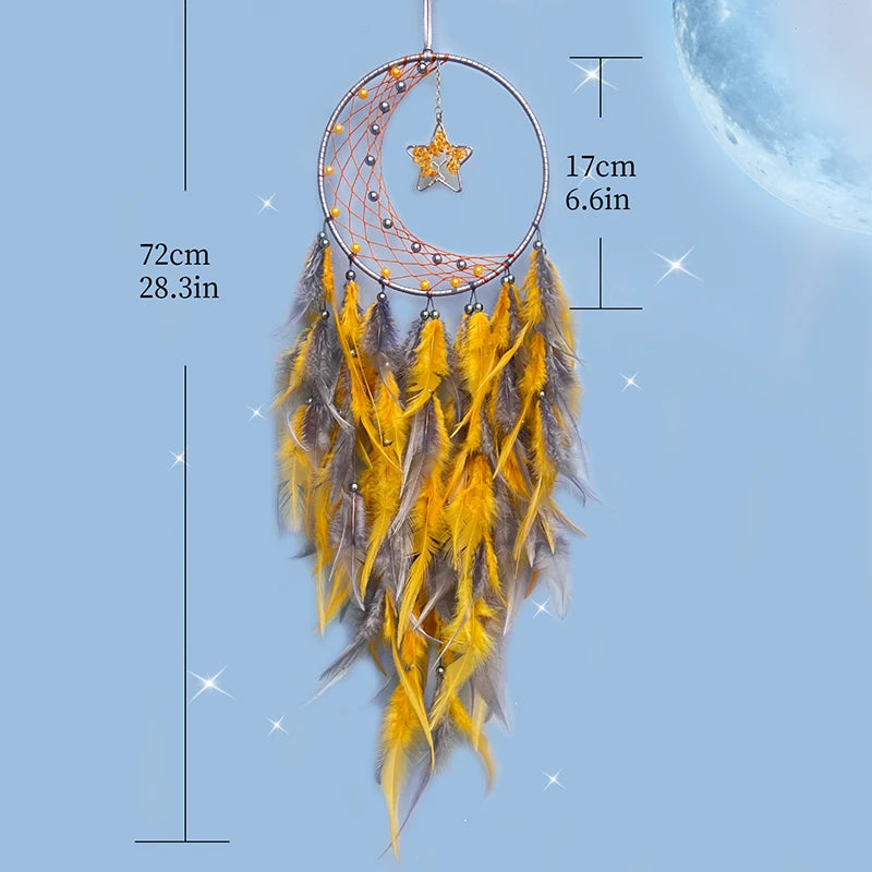Dreamcatcher with yellow feathers and measurements on a blue background