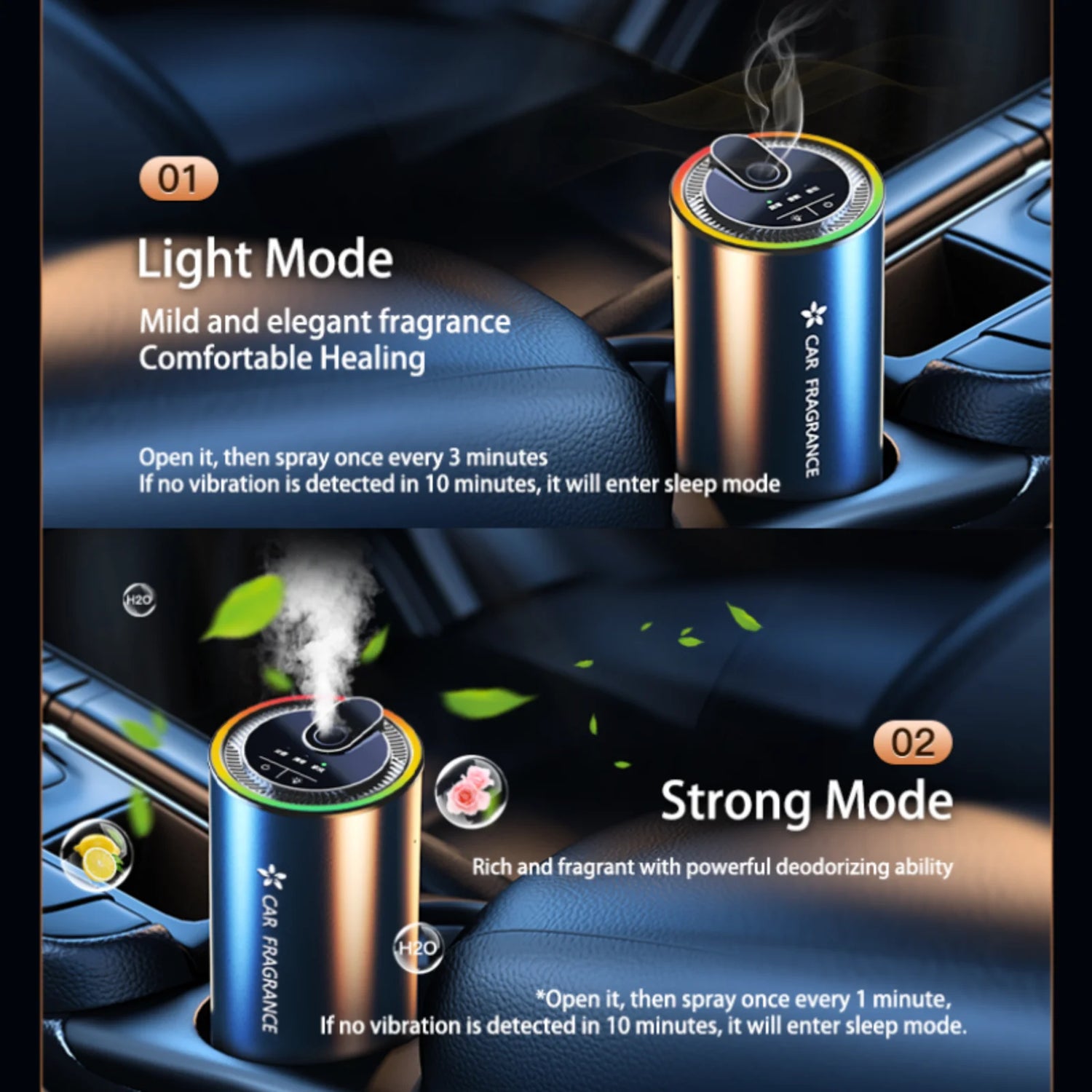 Car air freshener with light and strong mode options on a car interior background