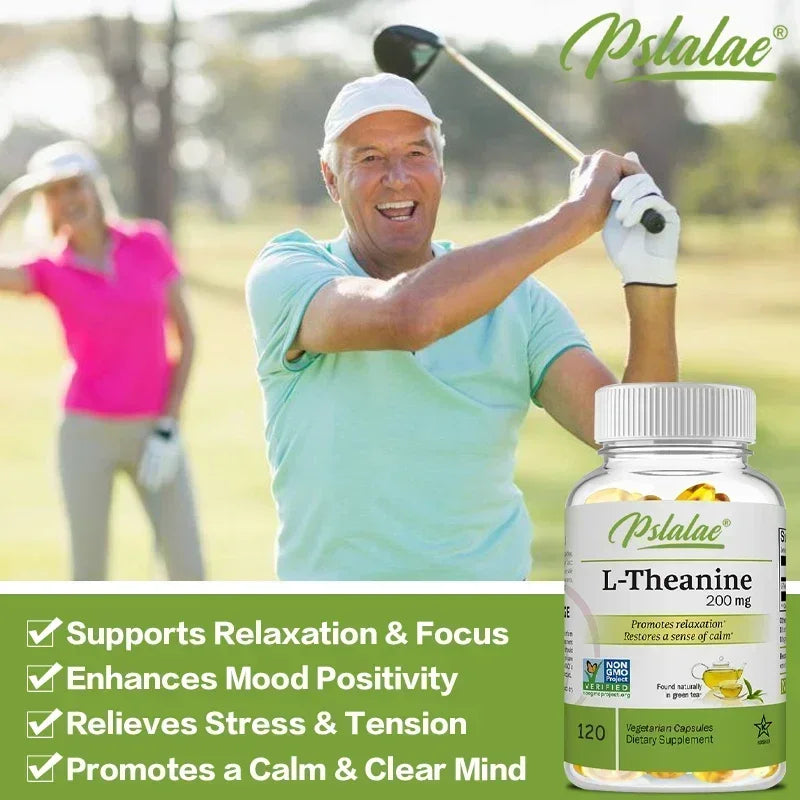 Man playing golf with a bottle of Psalac L-Theanine supplement in the foreground.