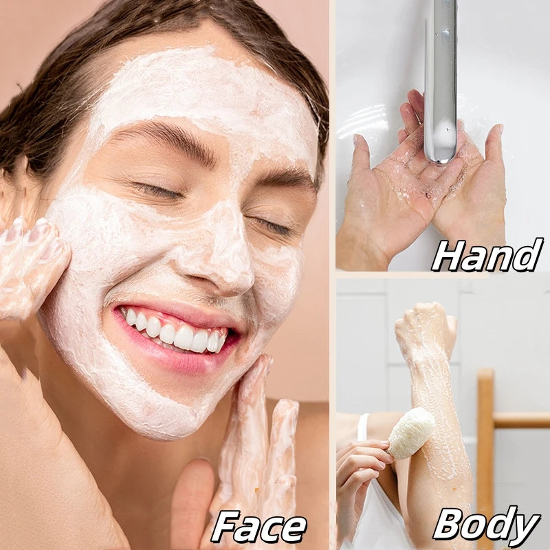 Woman applying a facial mask, hands washing face and hands, and hands scrubbing body with text labels.