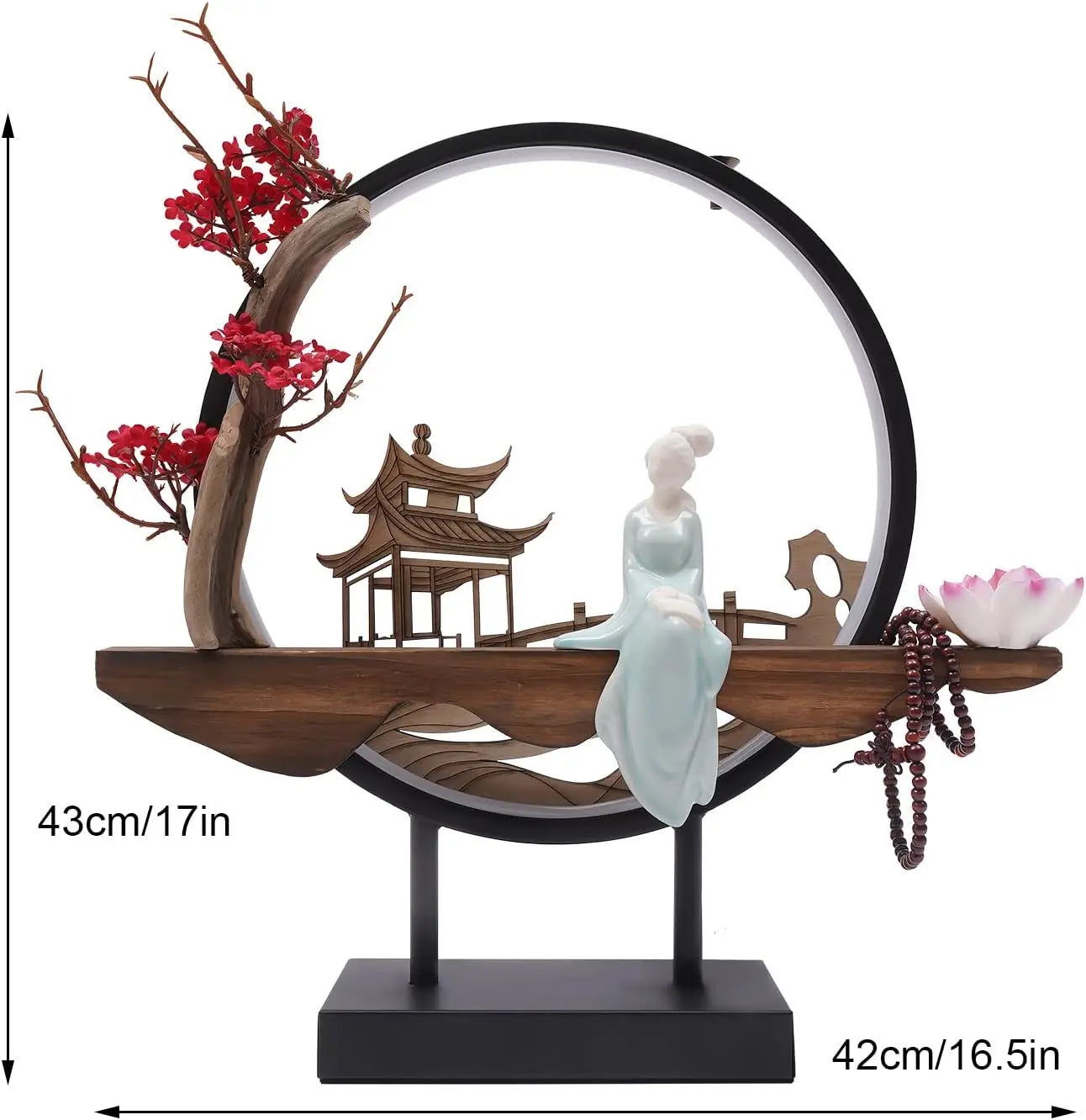 Decorative sculpture with a woman on a boat, cherry blossoms, and a pagoda, with measurements indicated.