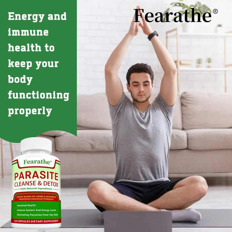 Person meditating with Fearathe parasite cleanse and detox supplement in the foreground