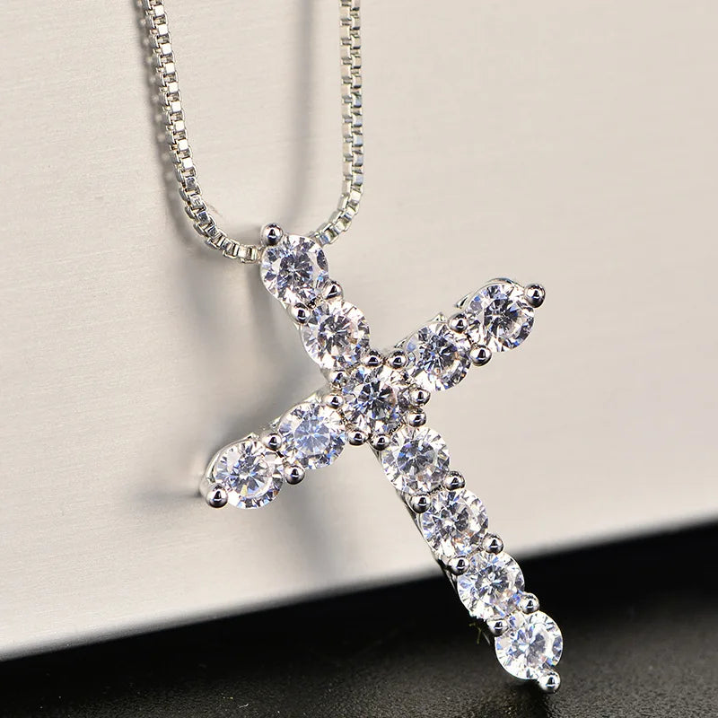 Silver Box Chain with Crystal Cross Pendant