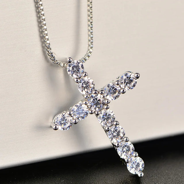 Silver Box Chain with Crystal Cross Pendant