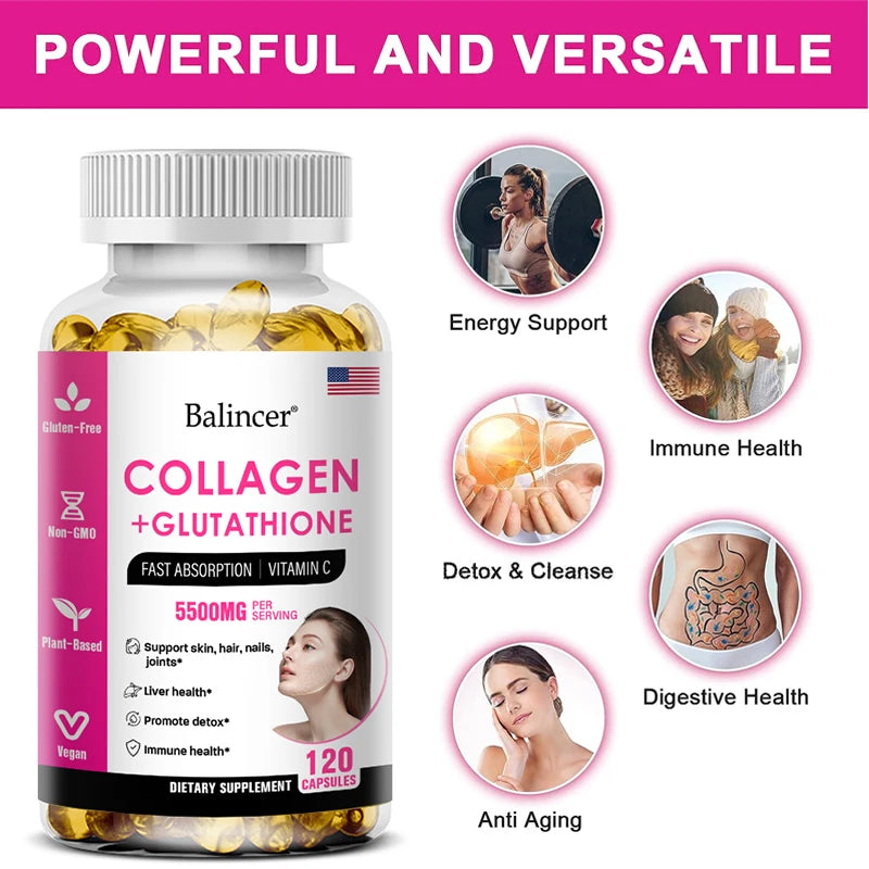 Balincer Collagen + Glutathione supplement bottle with health benefits on a white background