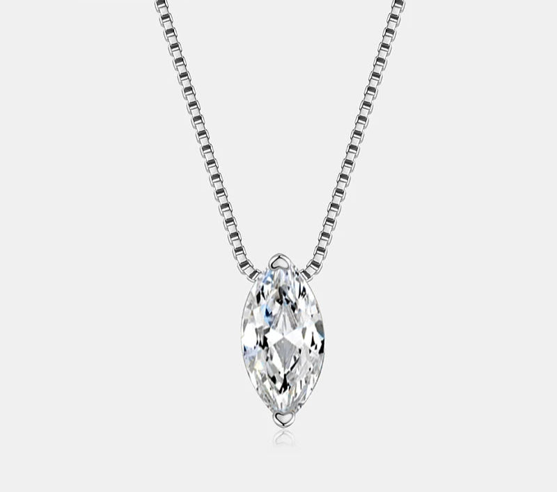 Silver necklace with a clear gemstone pendant on a white background, branded 'PERFANY'.