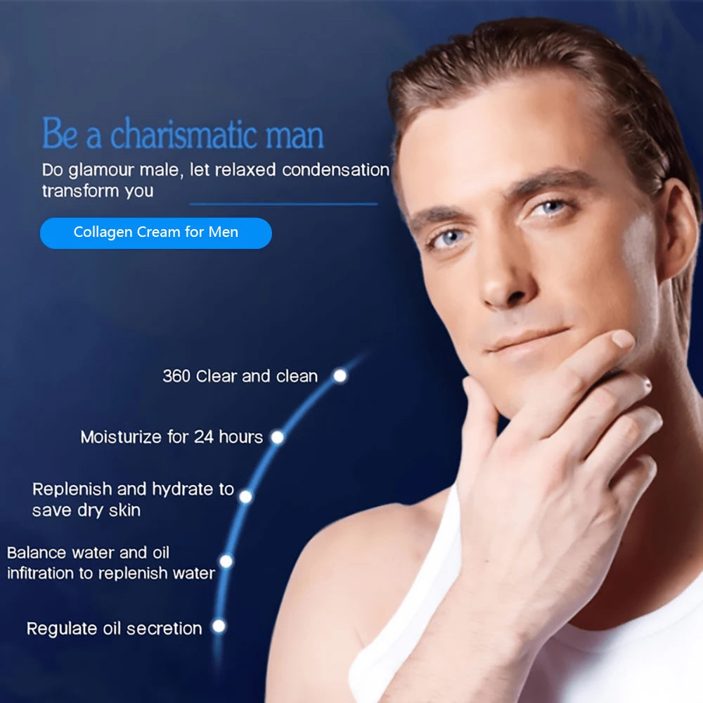 Advertisement for collagen cream for men with a man touching his face against a blue background.