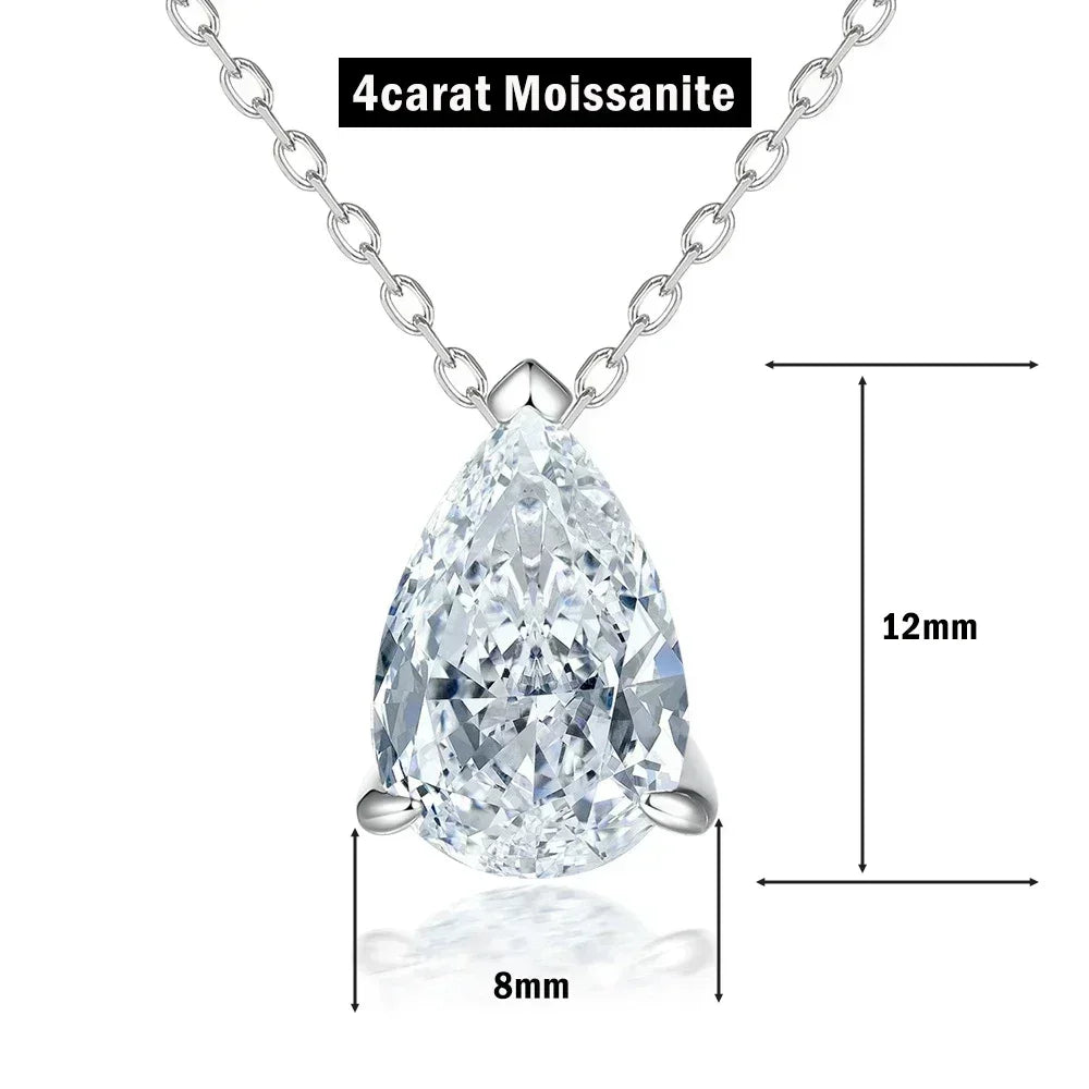 Teardrop-shaped moissanite pendant on a chain with measurements on a white background