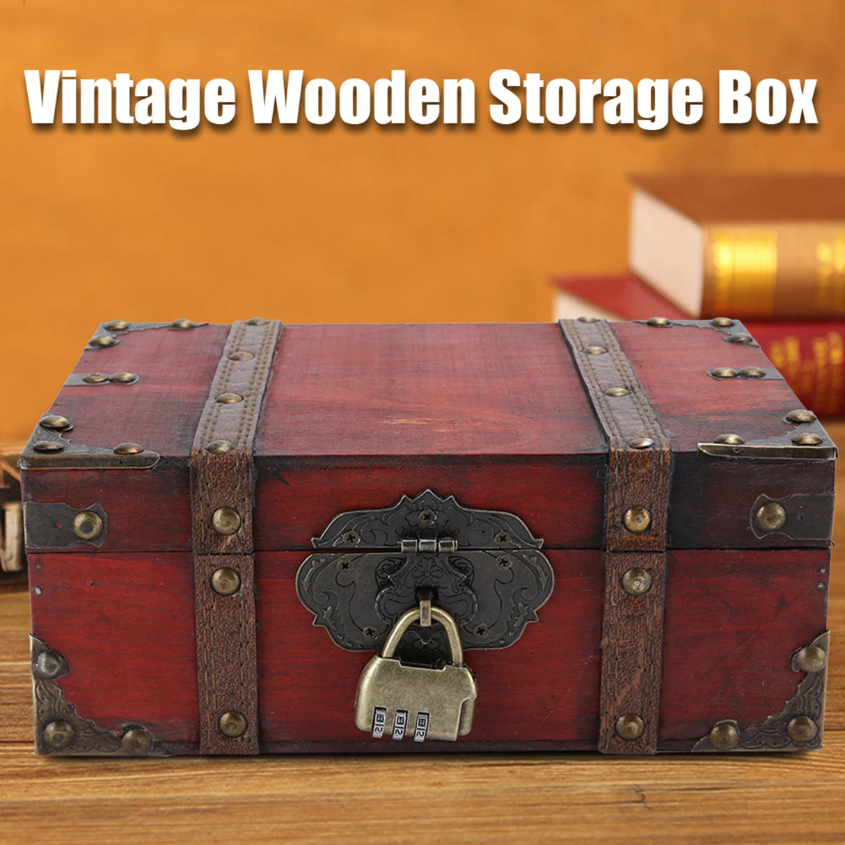 Vintage wooden storage box with a lock on a wooden surface, with an orange background.