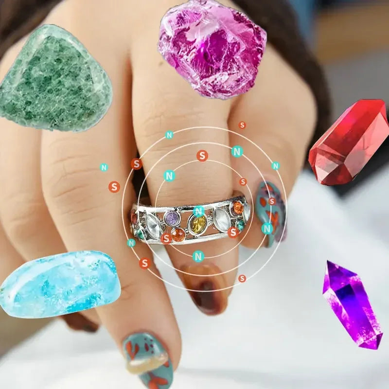 Close-up of a hand with a silver ring featuring colorful gemstones, surrounded by images of different gemstones.