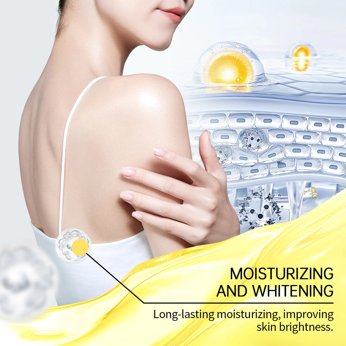 Woman applying cream with moisturizing and whitening benefits on a white background