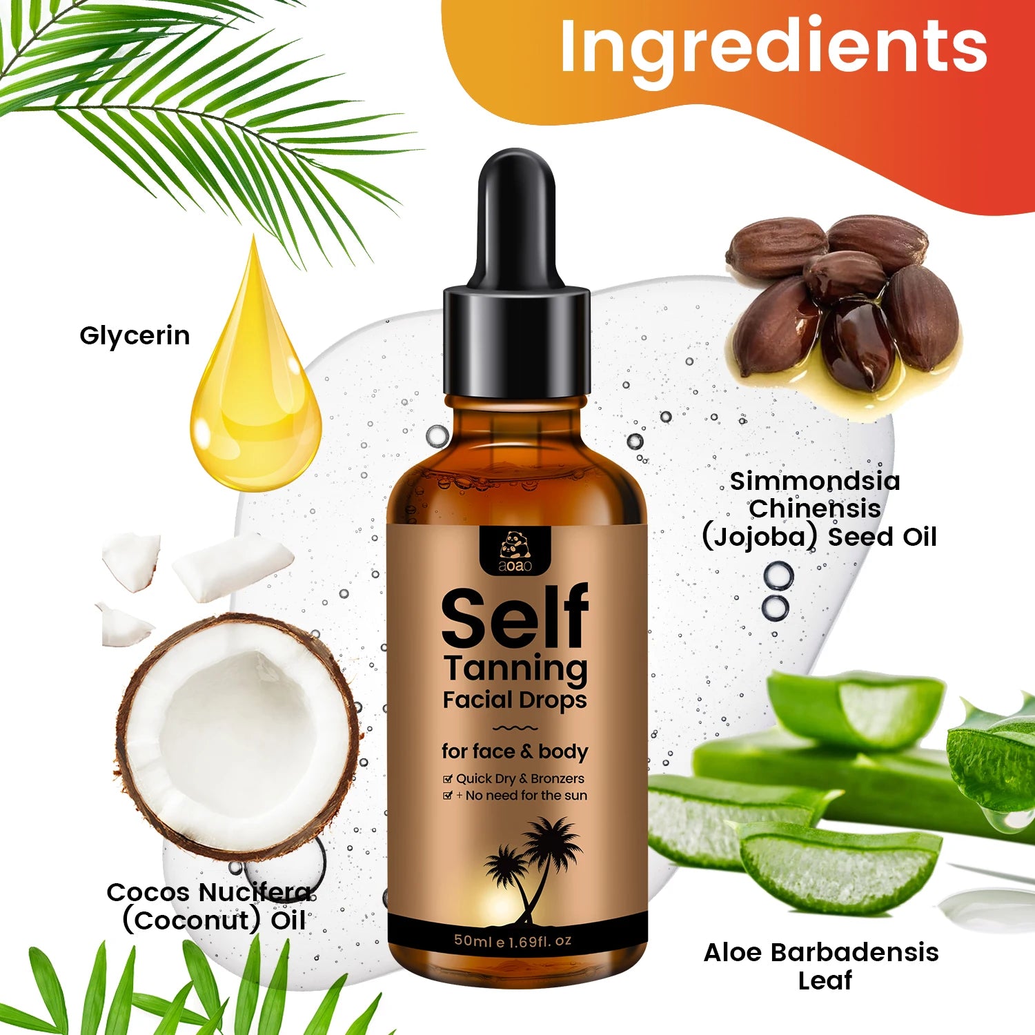 Self tanning facial drops with ingredients displayed on a white background