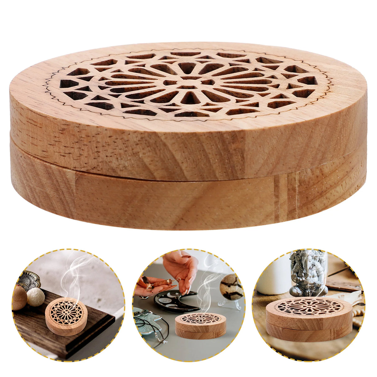 Wooden incense burner with decorative top and usage scenarios on a white background