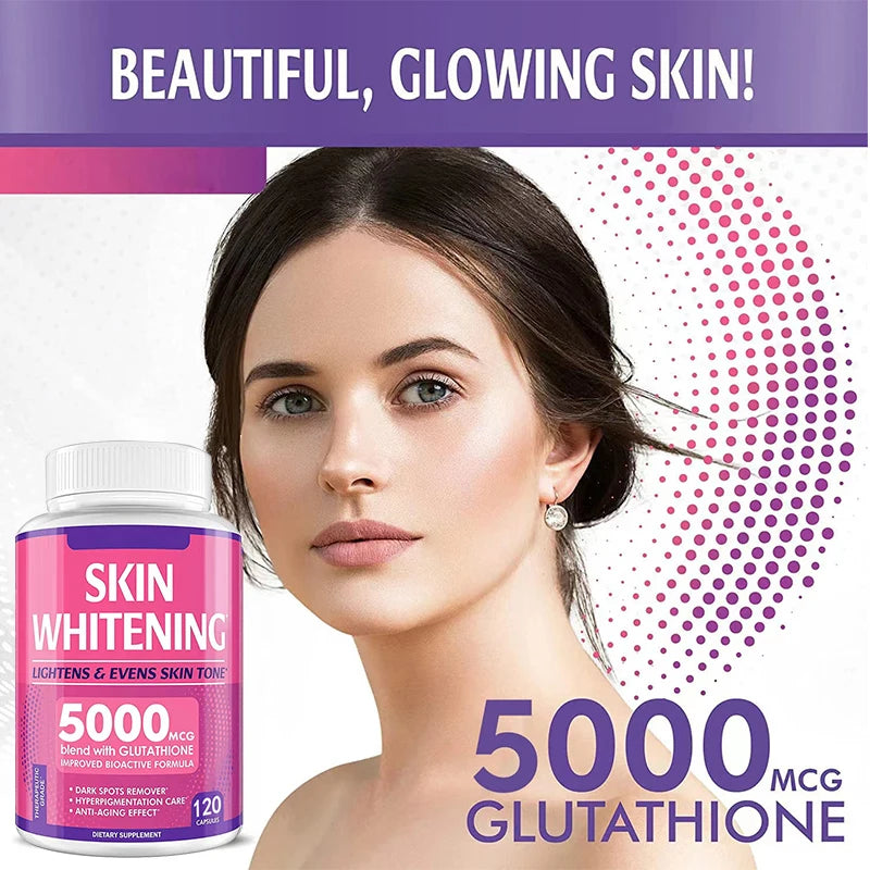 Woman with a skin whitening supplement bottle labeled '5000 MCG Glutathione' on a purple and pink background.