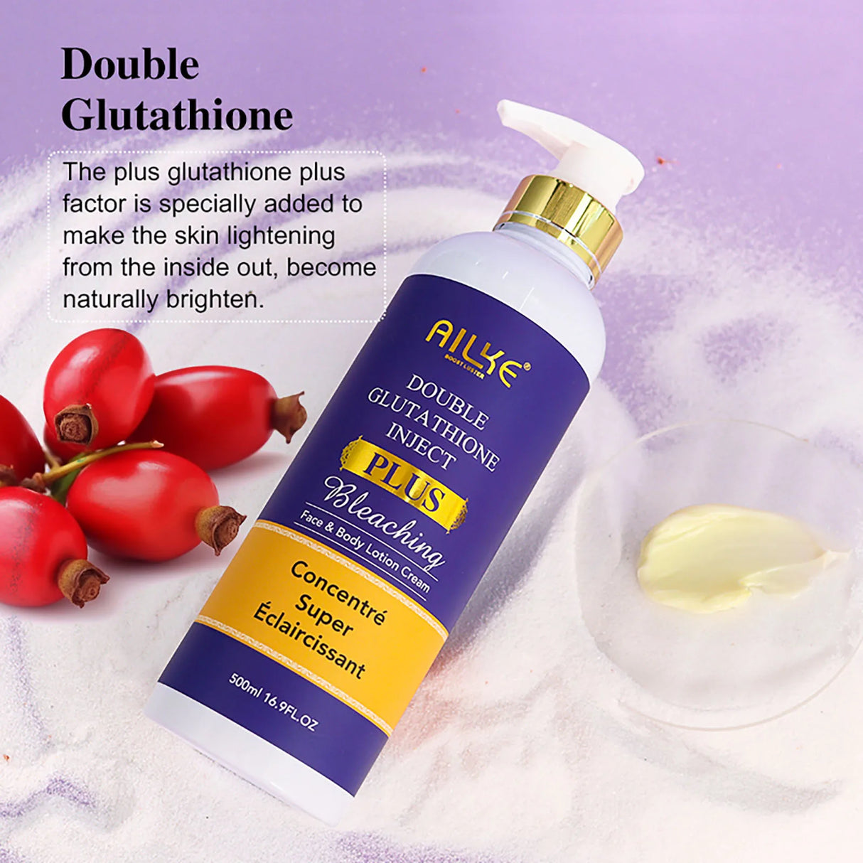 Ailke Double Glutathione Inject Plus Bleaching Concentrate bottle with red berries and oil droplet on a light purple background.