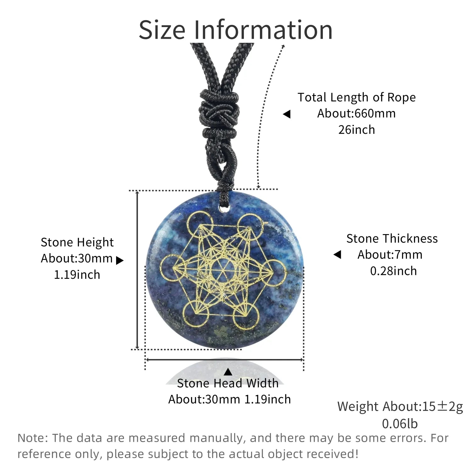 Measurement chart of a pendant with stone and rope, showing dimensions and weight.