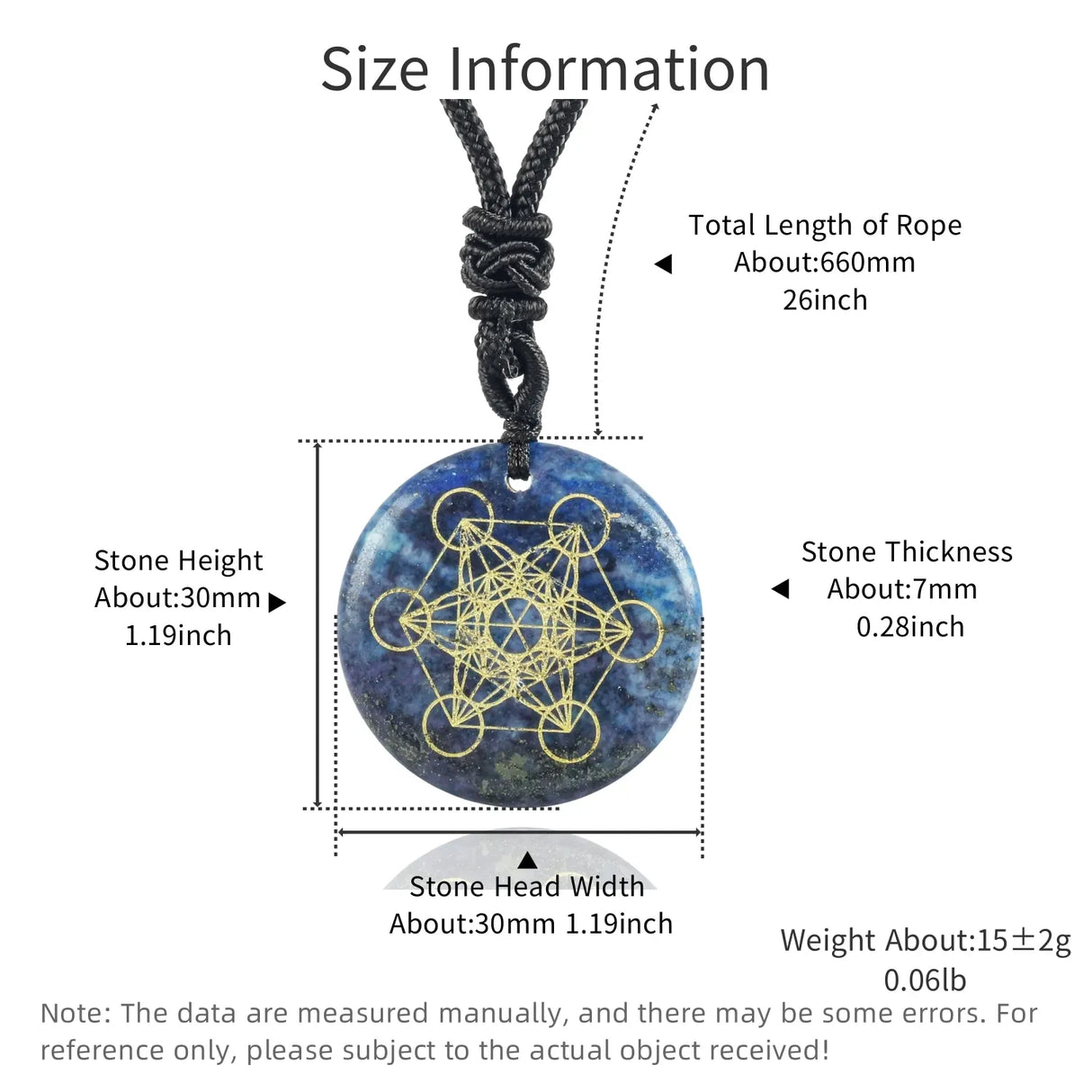 Measurement chart of a pendant with stone and rope, showing dimensions and weight.