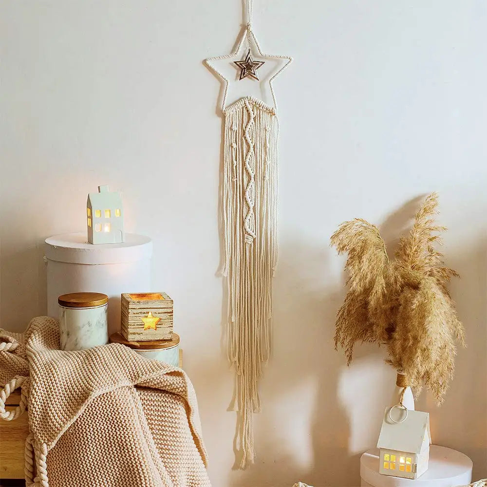 Decorative macrame wall hanging with star design in a cozy room setting.