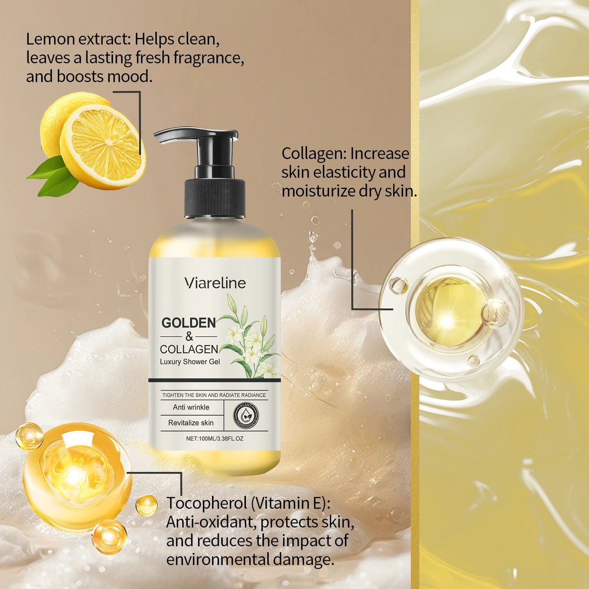Viarelne Golden & Collagen shower gel bottle with lemon extract and collagen benefits highlighted.
