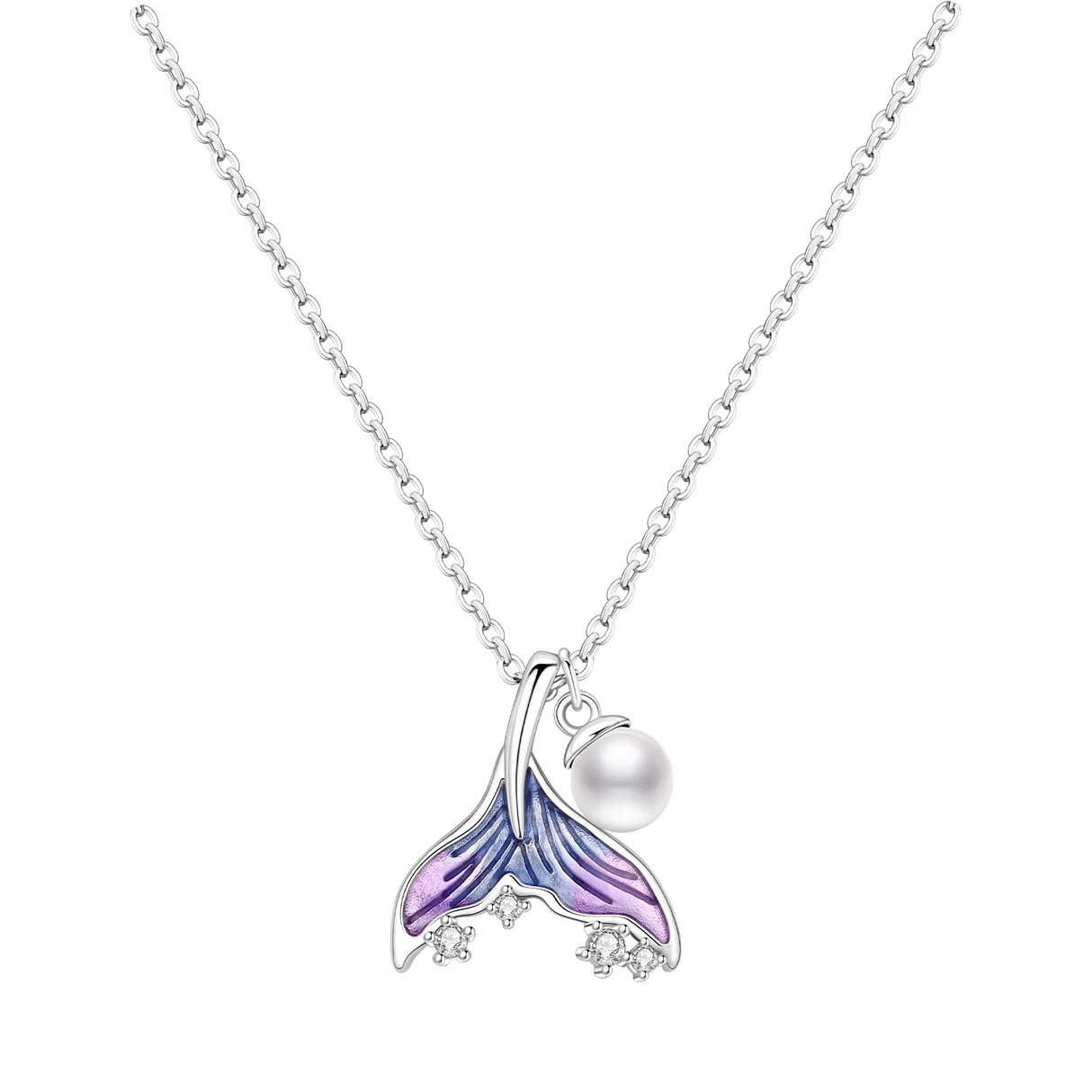 Necklace with a mermaid tail pendant featuring a pearl on a white background