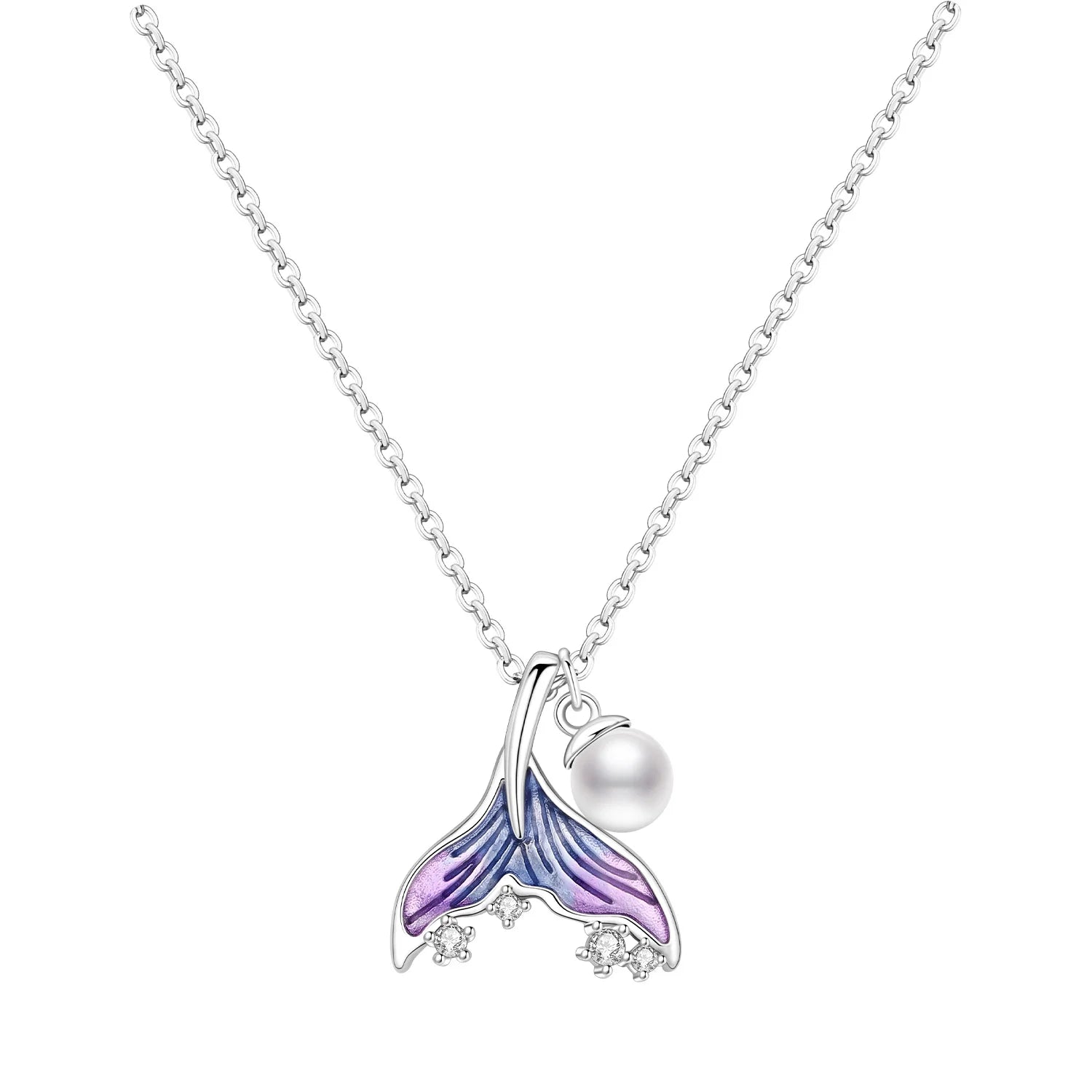 Necklace with a mermaid tail pendant featuring a pearl on a white background