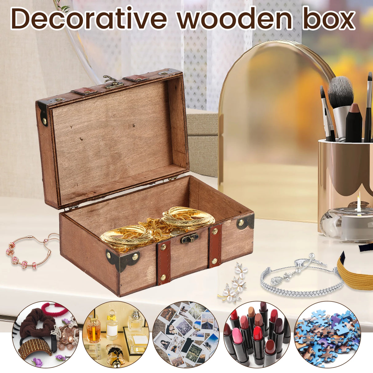 Decorative wooden box with jewelry and stationery items on a blurred background