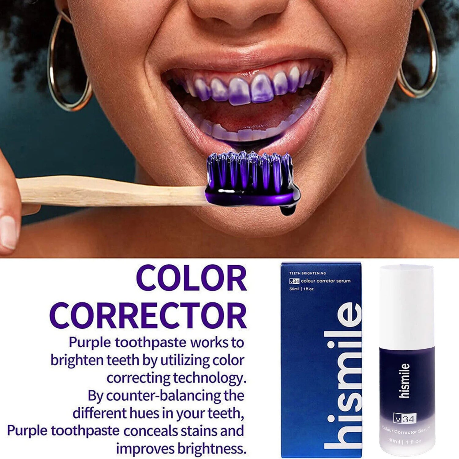 Person brushing teeth with purple toothpaste and Hismile product packaging.