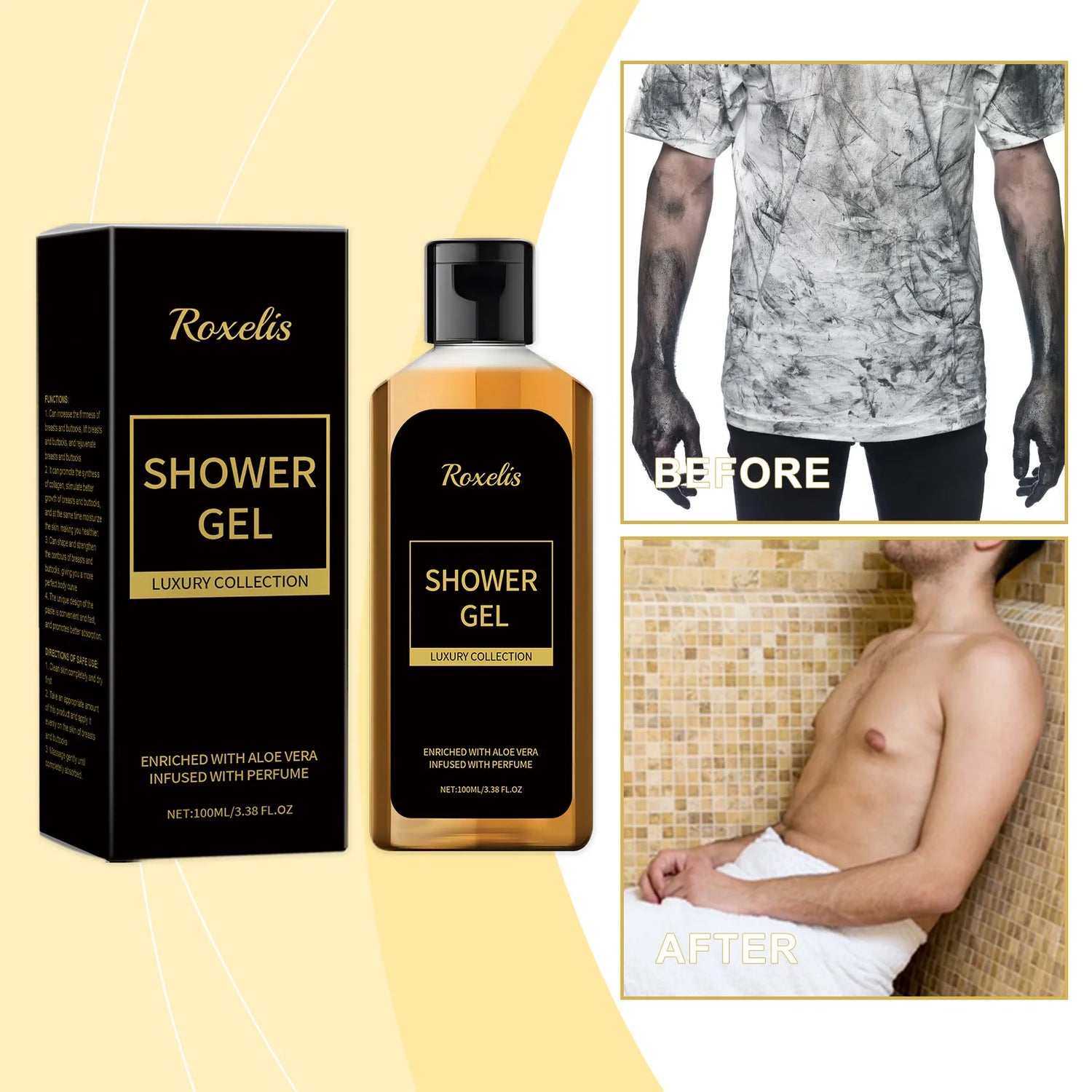 Roxelis shower gel packaging with a person using it, labeled 'Before' and 'After'.