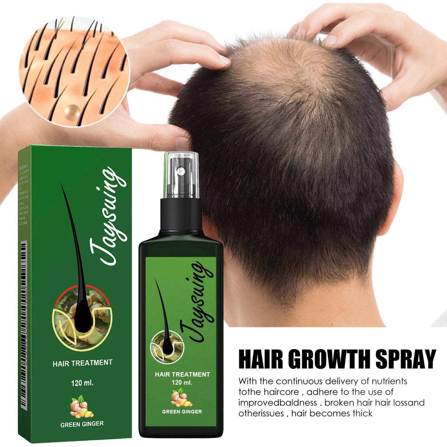 Hair growth spray with packaging and a person using it on their head.