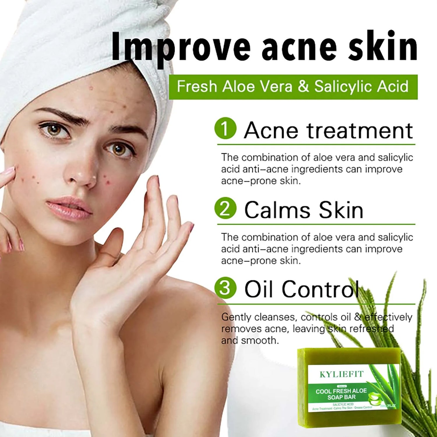 Woman with acne showing a skincare product with aloe vera and salicylic acid, text about benefits.