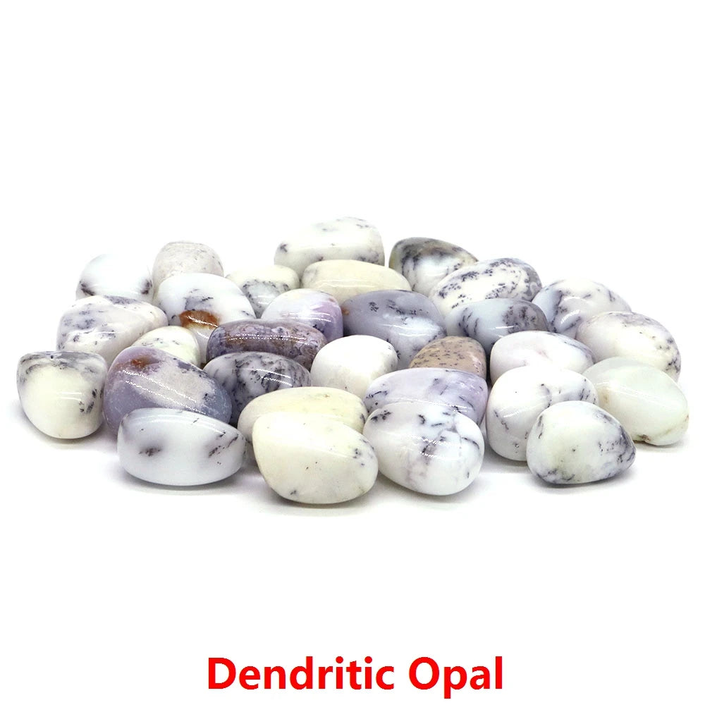 Dendritic opal stones on a white background with 'Dendritic Opal' text.