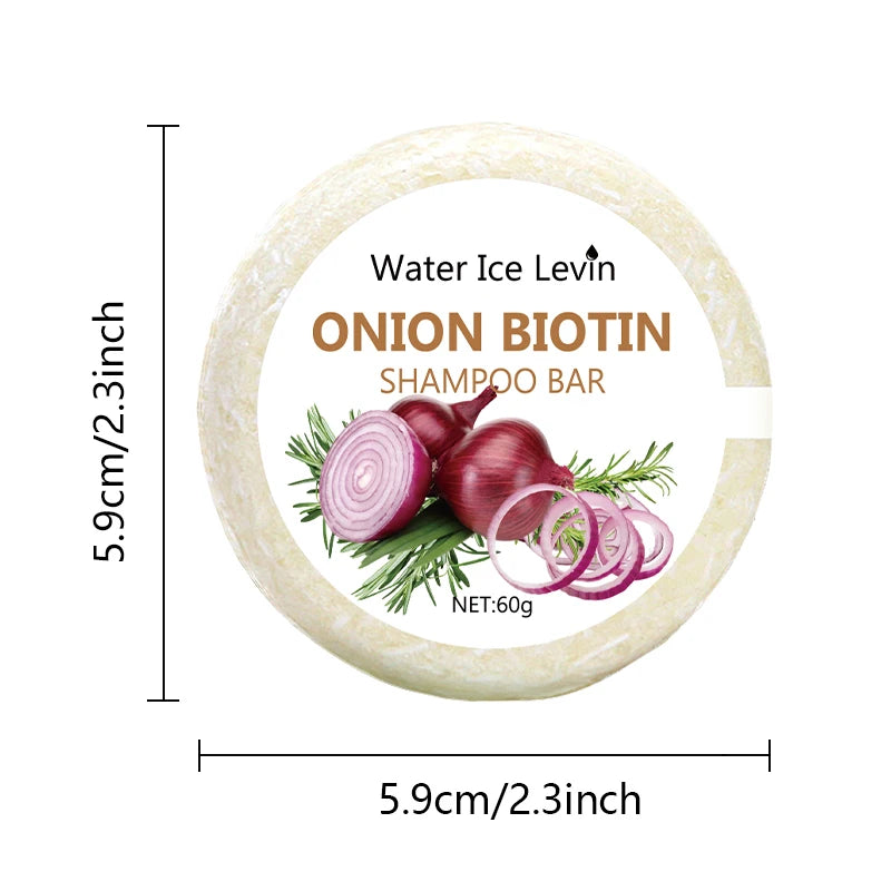 Shampoo bar packaging with onion and biotin elements, showing dimensions and brand name.