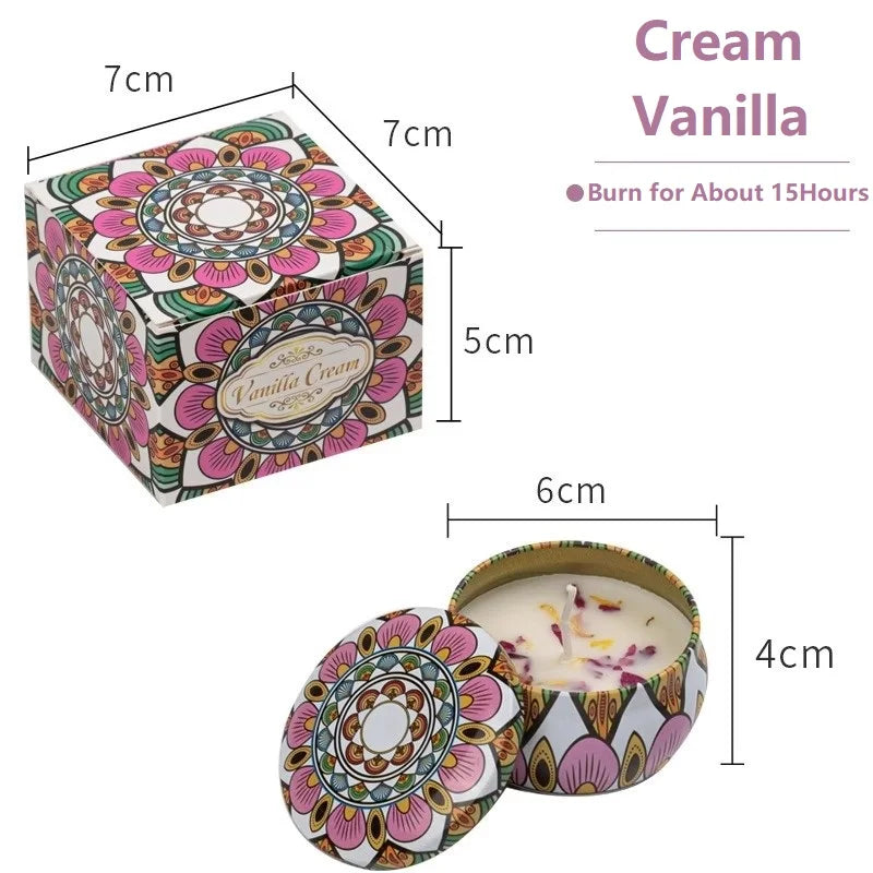 Vanilla cream candle in a decorative tin with measurements and product details.