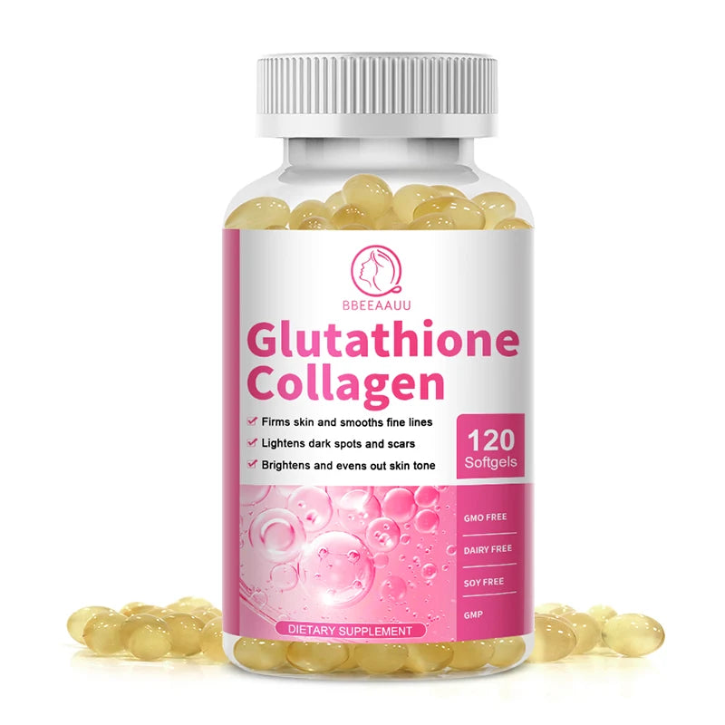 Bottle of Glutathione Collagen dietary supplement with pink label on a white background