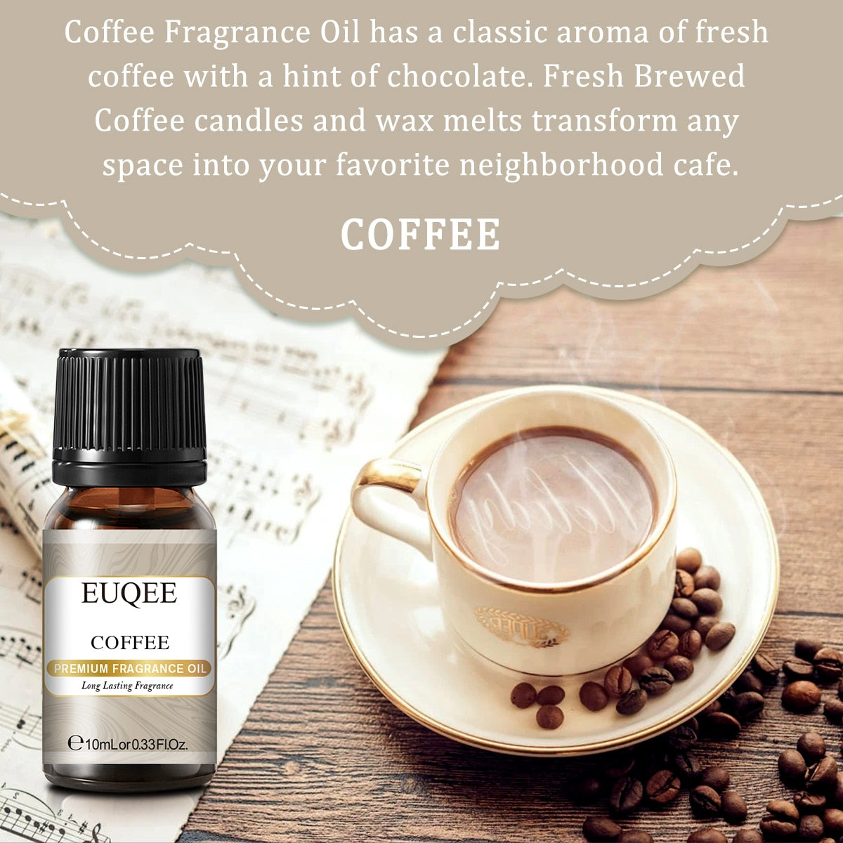 EUQEE Coffee Fragrance Oil bottle with a cup of coffee and beans on a wooden surface.