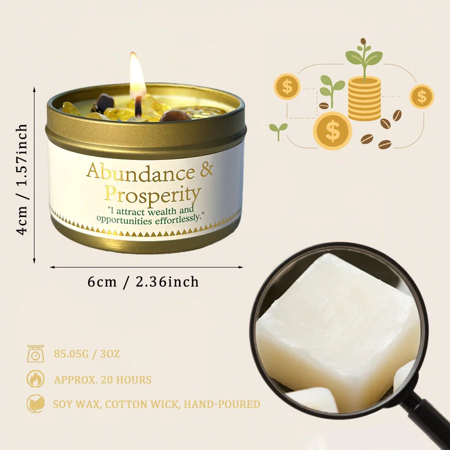 Candle in a tin labeled 'Abundance & Prosperity' with dimensions and material details.