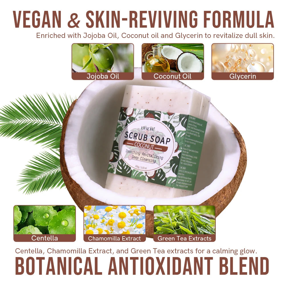 Scrub soap with coconut oil, jojoba oil, and glycerin, featuring botanical extracts on a white background.