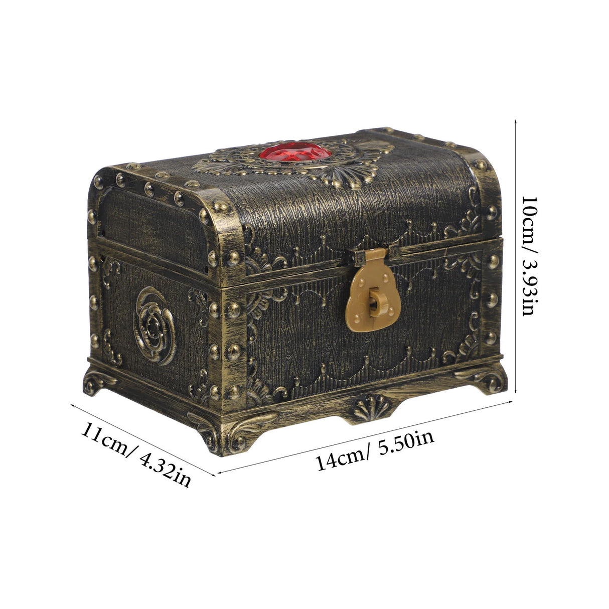 Vintage-style black chest with gold accents and dimensions displayed